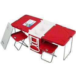 Giantex Multi Function Rolling Cooler Picnic Camping Outdoor w/ Table & 2 Chairs Red