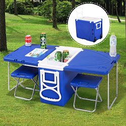 Multi Function Rolling Cooler Picnic Camping Outdoor w/ Table & 2 Chairs Blue