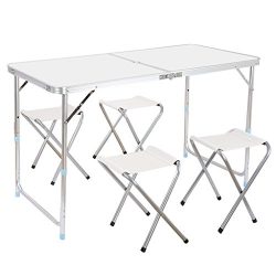 Finether Portable Folding Table Sturdy And Lightweight Steel Frame Legs with 4 Folding Chairs, 4 ...