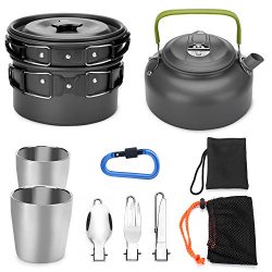 Odoland 10pcs Camping Cookware Mess Kit, Lightweight Pot Pan Kettle with 2 Cups, Fork Knife Spoo ...