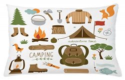 Ambesonne Adventure Throw Pillow Cushion Cover, Camping Equipment Sleeping Bag Boots Campfire Sh ...