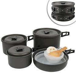 Portable Outdoor Camping Cookware Set, ONE ROAD Backpacking Non-Stick Pot Frying Pan Cooking Set ...