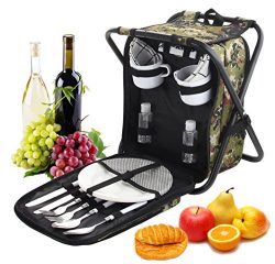ROMANTICIST Heavy Duty Picnic Backpack Stool with Cooler & Tableware – All-in-1 Foldin ...