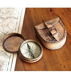 Antiqued Brass Poem Compass With Leather Case