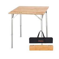 KingCamp 4-Fold Heavy Duty Adjustable Height Aluminum Frame Folding Bamboo Table with Carry Bag