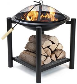 Sorbus Fire Pit Bowl Table with Storage Shelf Legs, Mesh Cover, Log Grate, and Poker Tool, Great ...