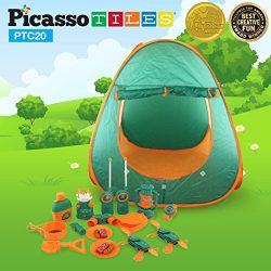 PicassoTiles PTC20 20 Piece Camping Gear Tools Adventure Set including Walkie Talkie, Camping Te ...