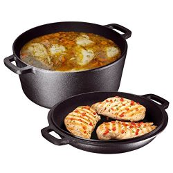 Heavy Duty Pre-Seasoned 2 In 1 Cast Iron Double Dutch Oven and Domed Skillet Lid By Bruntmor, Ve ...