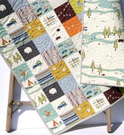 Handmade Baby Quilt Modern Baby Boy Bedding Woodland Deer Bear Brown Blue Orange Buck Fox Campin ...