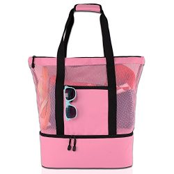 ROTANET Mesh Beach Tote Bag-Large Cooler Beach Bag with Zipper (Pink)