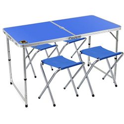 Edoking Folding Camping Table with 4 Folding Stools Height Adjustable Aluminum with Parasol Hole ...