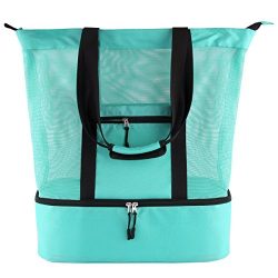 Mesh Beach Tote Bag 2 in 1 Lightweight Picnic Bag with Zipper Insulated Cooler (Green)