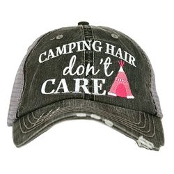 Camping Hair Don’t Care Women’s Distressed Grey Trucker Hat (Pink)