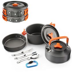 FLYTON Camping Cookware Outdoor Cooking Mess Kit Portable Lightweight Pots Pans Water Kettle Set ...