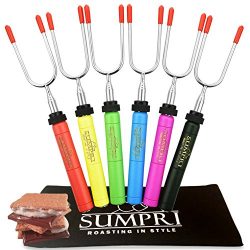 SUMPRI Marshmallow Roasting Sticks, Smores Skewers Telescoping Rotating Forks SET OF 6 Hot Dog F ...