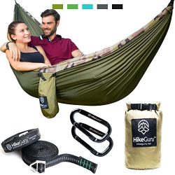 Hike Guru Double Hammock with Tree Straps plus Carabiners – Portable Lightweight Parachute ...