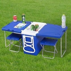 Multi Function Rolling Cooler Picnic Camping Outdoor w/Table & 2 Chairs Blue