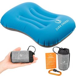 Zura Energy Inflatable Travel Camping Pillow + Locking Carabiner + eBook, Comfortable, Ultraligh ...