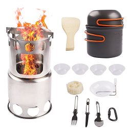 NULIPAM Camping Wood Stove Backpacking Cookware Set, Ultralight Portable Stainless Steel Wood Bu ...